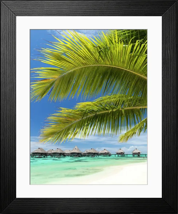 Framed Print : Stiled hotel suites and beach scene, Mo'orea, Society Islands, Pacific Ocean, French Polynesia