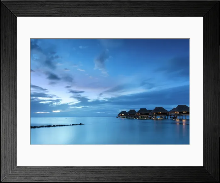 Framed Print : Stiled hotel suites at twilight, , Mo'orea, Society Islands, Pacific Ocean, French Polynesia Framed Print : Stiled hotel suites at twilight, , Mo'orea, Society Islands, Pacific Ocean, French Polynesia