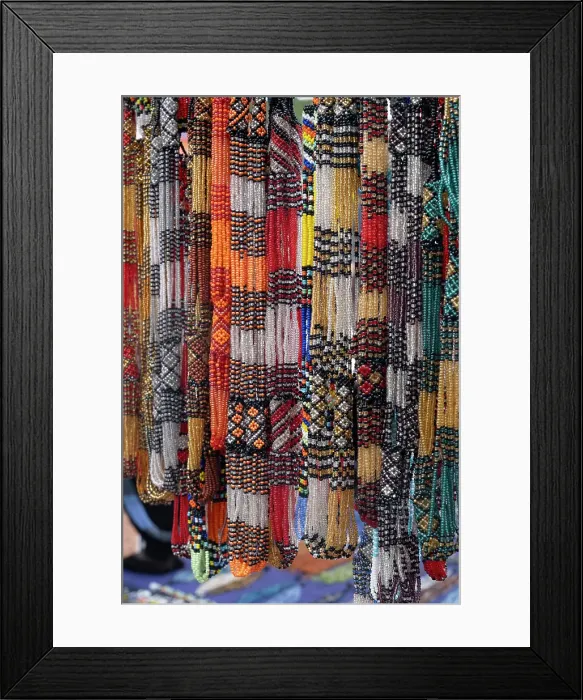 Framed Print : Colourful necklaces made of beads, Market in Franschhoek, Western Cape, South Africa Framed Print : Colourful necklaces made of beads, Market in Franschhoek, Western Cape, South Africa