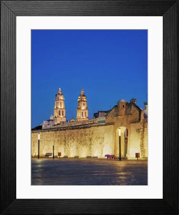 Framed Print : View over Plaza de La Republica towards Puerta de Mar and Defensive Wall of the Old Town, cathedral in the background, dusk, Campeche City, Campeche State, Mexico