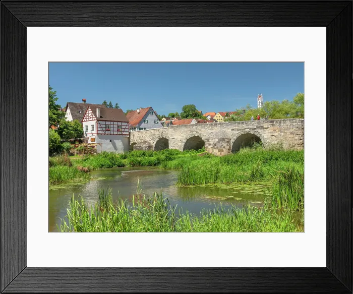 Framed Print : Stone Bridge and Bruckmühle Mill on Wörnitz River, Harburg, Romantic Road, Swabia, Bavaria; Germany Framed Print : Stone Bridge and Bruckmühle Mill on Wörnitz River, Harburg, Romantic Road, Swabia, Bavaria; Germany