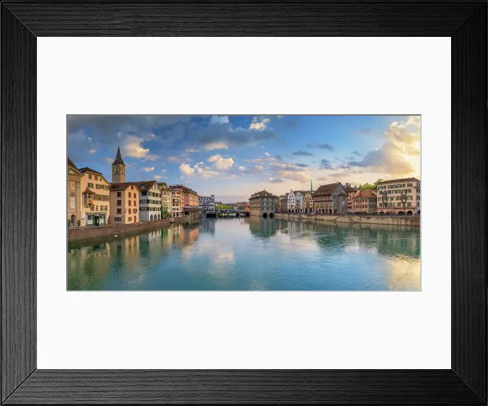 Framed Print : St Peter Church and Limmat River at sunrise, Zurich, Switzerland Framed Print : St Peter Church and Limmat River at sunrise, Zurich, Switzerland