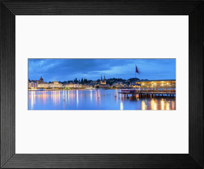 Framed Print : Lake Lucerne promenade and ferry pier at dusk, Lucerne, Switzerland Framed Print : Lake Lucerne promenade and ferry pier at dusk, Lucerne, Switzerland