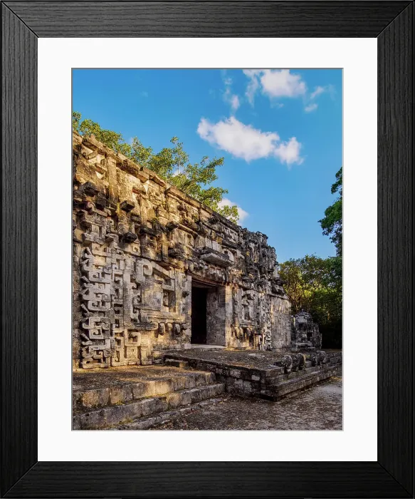 Framed Print : Structure II, monster mouth temple at sunset, Central Plaza, Chicanna Archaeological Site, Campeche State, Mexico