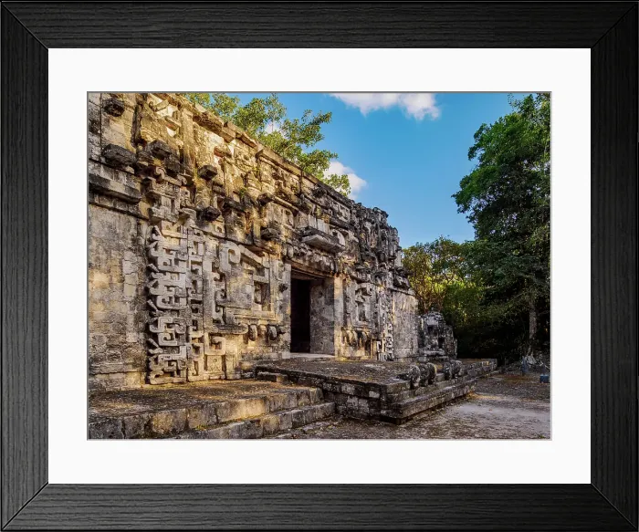 Framed Print : Structure II, monster mouth temple at sunset, Central Plaza, Chicanna Archaeological Site, Campeche State, Mexico