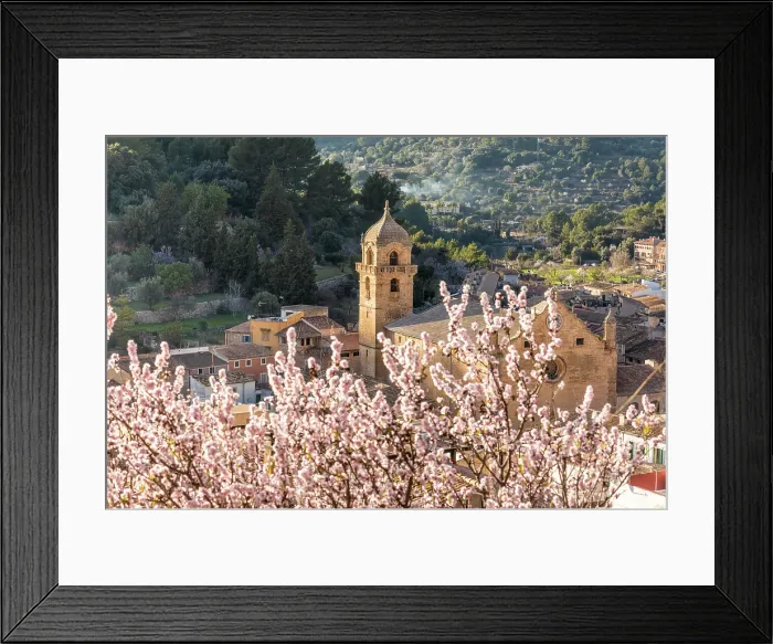 Framed Print : Church in the old town of Bunyola with blooming almond tree, Mallorca, Balearic Islands, Spain Framed Print : Church in the old town of Bunyola with blooming almond tree, Mallorca, Balearic Islands, Spain