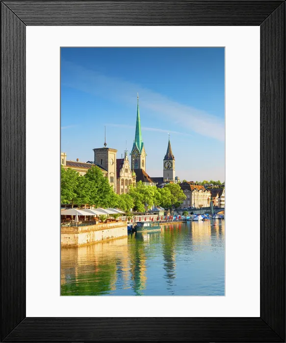 Framed Print : Fraumunster church, St Peter church on Limmat River, Zurich, Switzerland Framed Print : Fraumunster church, St Peter church on Limmat River, Zurich, Switzerland