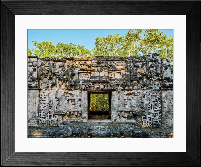 Framed Print : Structure II, monster mouth temple at sunset, Central Plaza, Chicanna Archaeological Site, Campeche State, Mexico