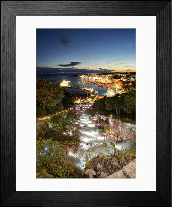 Framed Print : Italy, Puglia, Lecce district, Salentine Peninsula, Salento, Santa Maria di Leuca. Panoramic view of the harbour from the sanctury and the illuminated monumental fountain Framed Print : Italy, Puglia, Lecce district, Salentine Peninsula, Salento, Santa Maria di Leuca. Panoramic view of the harbour from the sanctury and the illuminated monumental fountain