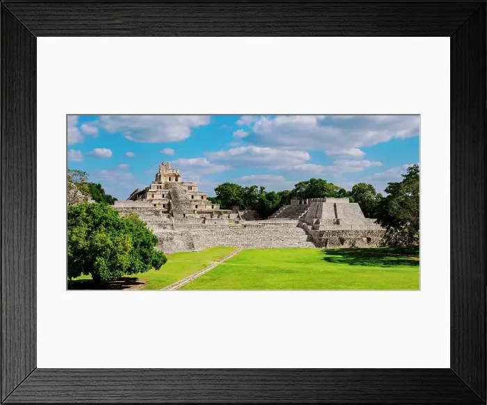 Framed Print : View over Main Plaza towards Great Acropolis and Temple of Five Floors, Edzna Archaeological Site, Campeche State, Mexico Framed Print : View over Main Plaza towards Great Acropolis and Temple of Five Floors, Edzna Archaeological Site, Campeche State, Mexico