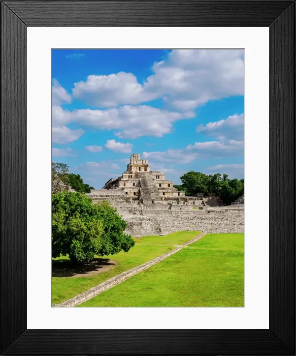 Framed Print : View over Main Plaza towards Great Acropolis and Temple of Five Floors, Edzna Archaeological Site, Campeche State, Mexico Framed Print : View over Main Plaza towards Great Acropolis and Temple of Five Floors, Edzna Archaeological Site, Campeche State, Mexico