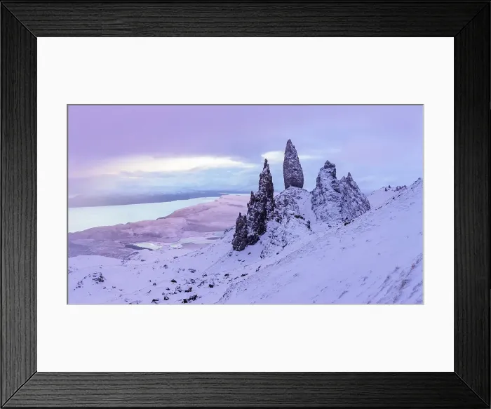 Framed Print : Old Man of Storr and snow covered landscape in the dawn light, Storr Rocks, Isle of Skye, Inner Hebrides, Scotland, United Kingdom Framed Print : Old Man of Storr and snow covered landscape in the dawn light, Storr Rocks, Isle of Skye, Inner Hebrides, Scotland, United Kingdom