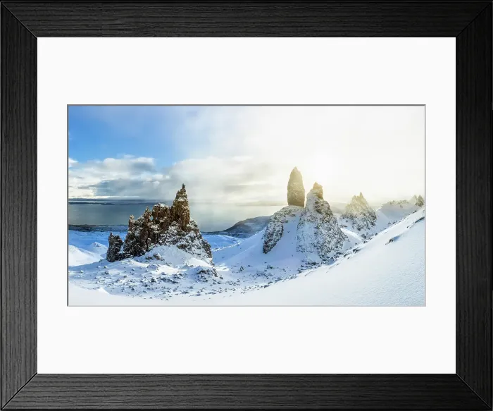Framed Print : Old Man of Storr and snow covered landscape, Storr Rocks, Isle of Skye, Inner Hebrides, Scotland, United Kingdom