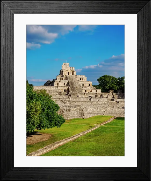 Framed Print : View over Main Plaza towards Great Acropolis and Temple of Five Floors, Edzna Archaeological Site, Campeche State, Mexico