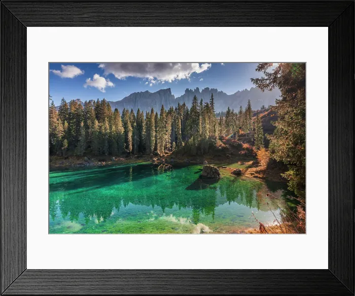 Framed Print : Carezza Lake with the Latemar moutnain range, Trentino Alto Adige, Italy Framed Print : Carezza Lake with the Latemar moutnain range, Trentino Alto Adige, Italy