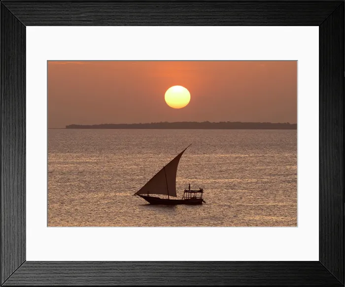 Framed Print : Dhow in silhouette at sunset, Nungwi, Zanzibar, Tanzania Framed Print : Dhow in silhouette at sunset, Nungwi, Zanzibar, Tanzania