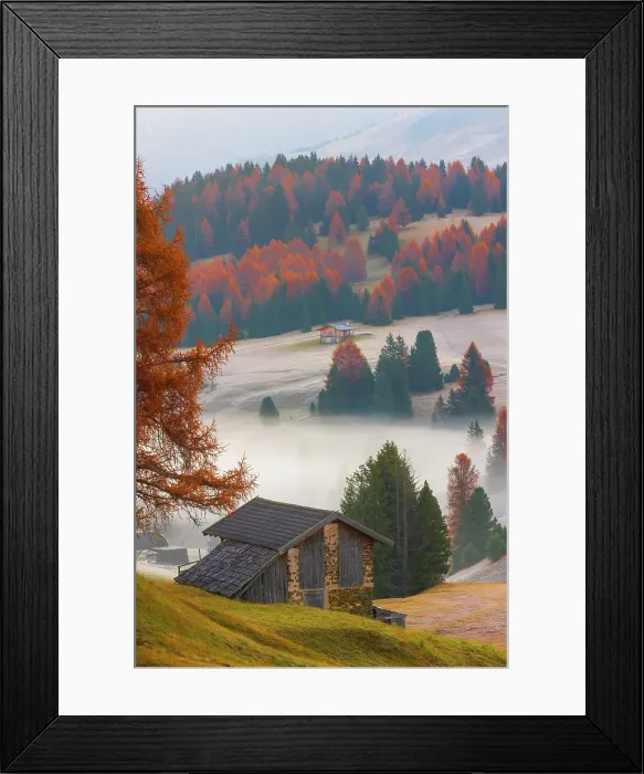 Framed Print : Alpe di Siusi in the Dolomites and the Sassolungo and Sassopiatto mountain, Trentino Alto Adige, Italy