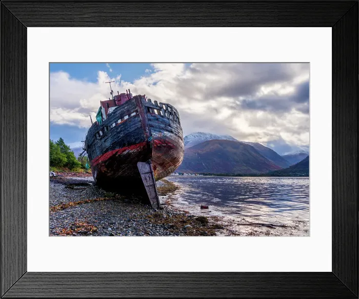 Framed Print : UK, Scotland, Highland, Fort William, Corpach, Caol Beach, Corpach Shipwreck or Old Boat of Caol and Ben Nevis Framed Print : UK, Scotland, Highland, Fort William, Corpach, Caol Beach, Corpach Shipwreck or Old Boat of Caol and Ben Nevis