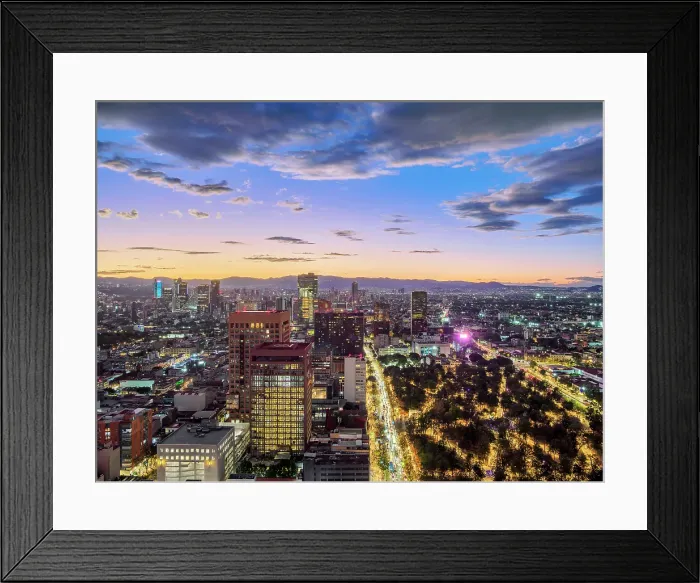 Framed Print : View over Alameda Central towards High-rise buildings of Paseo de la Reforma at dusk, Mexico City, Mexico Framed Print : View over Alameda Central towards High-rise buildings of Paseo de la Reforma at dusk, Mexico City, Mexico