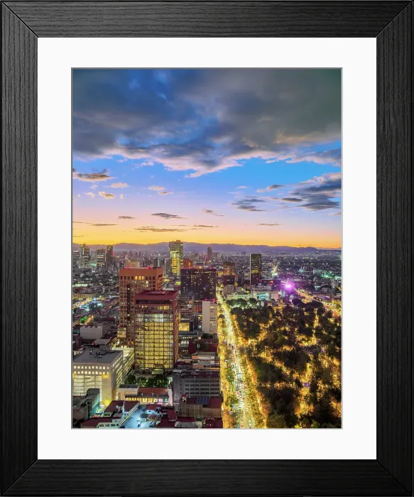 Framed Print : View over Alameda Central towards High-rise buildings of Paseo de la Reforma at dusk, Mexico City, Mexico Framed Print : View over Alameda Central towards High-rise buildings of Paseo de la Reforma at dusk, Mexico City, Mexico