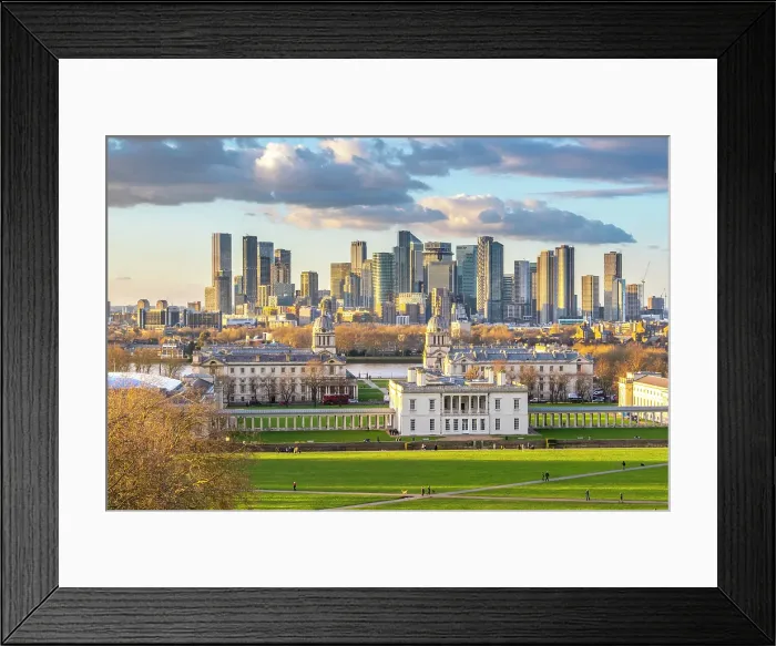 Framed Print : Royal Naval College, (Canary Wharf & Isle of Dogs behind) from Greenwich park, Greenwich, London Framed Print : Royal Naval College, (Canary Wharf & Isle of Dogs behind) from Greenwich park, Greenwich, London