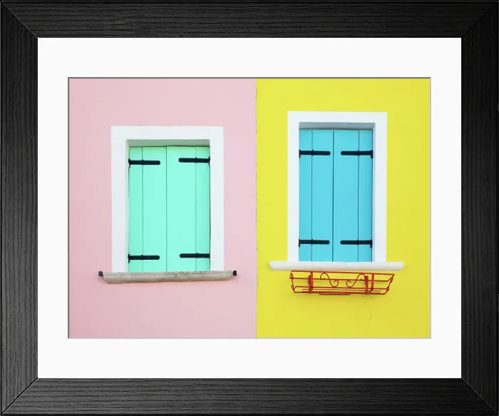 Framed Print : Wall of colourful houses, island of Burano, Venice, Italy Framed Print : Wall of colourful houses, island of Burano, Venice, Italy