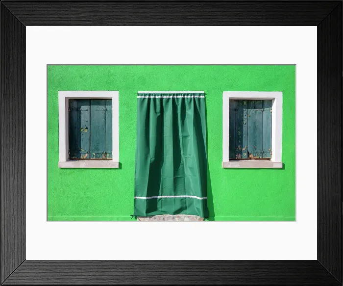 Framed Print : Wall of a green house, with green window shutters, the island of Burano, Venice, Italy Framed Print : Wall of a green house, with green window shutters, the island of Burano, Venice, Italy