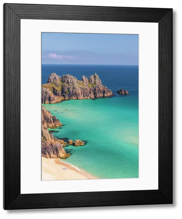 Framed Print : UK, England, Cornwall, Porthcurno, Pedn Vounder Beach and Logan Rock Headland Framed Print : UK, England, Cornwall, Porthcurno, Pedn Vounder Beach and Logan Rock Headland