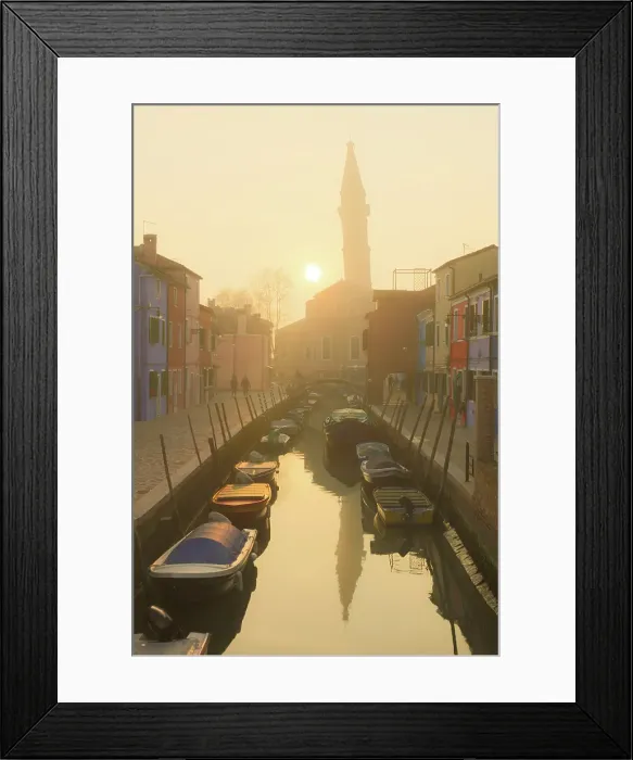 Framed Print : The leaning bell tower of St Martin's Church at sunset, Burano, Venice, Italy