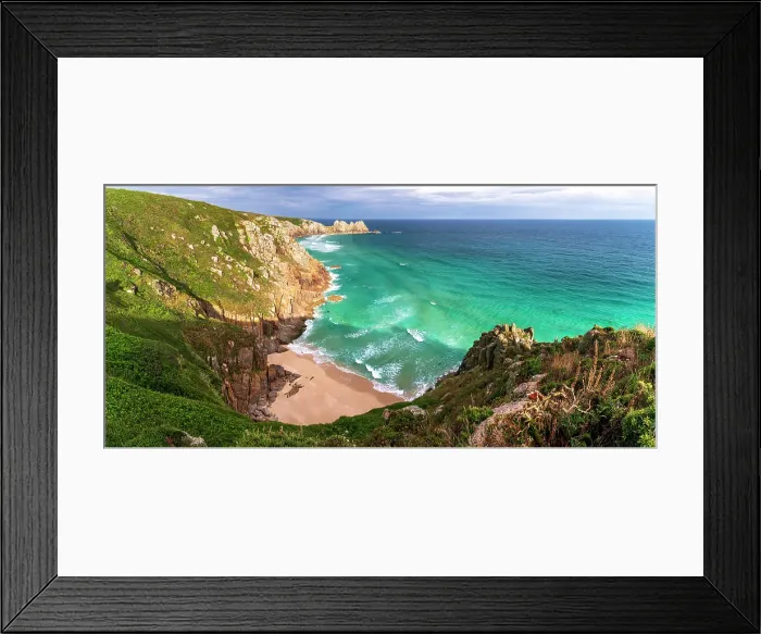 Framed Print : UK, England, Cornwall, Porthcurno, Green Bay Beach and Logan Rock Headland Framed Print : UK, England, Cornwall, Porthcurno, Green Bay Beach and Logan Rock Headland