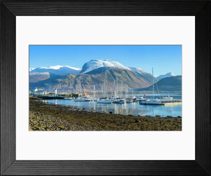 Framed Print : Corpach lighthouse and marina on the shores of Loch Eli with snow capped Ben Nevis and Fort William, Highland region, Scotland, United Kingdom Framed Print : Corpach lighthouse and marina on the shores of Loch Eli with snow capped Ben Nevis and Fort William, Highland region, Scotland, United Kingdom