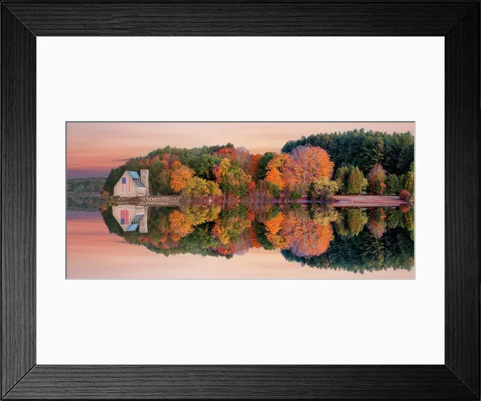 Framed Print : Old Stone Church in West Boylston, decorated with an american Flag, West Boylston, Massachusetts, New England, USA