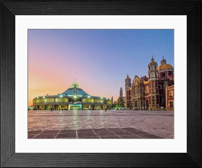 Framed Print : New and Old Basilicas of Guadalupe at dusk, Plaza de las Americas, Villa de Guadalupe, Mexico City, Mexico Framed Print : New and Old Basilicas of Guadalupe at dusk, Plaza de las Americas, Villa de Guadalupe, Mexico City, Mexico