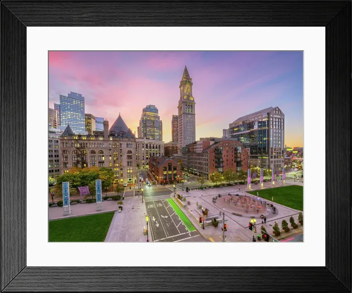 Framed Print : Skyline of Custom House Clock Tower in Downtown Boston at Sunset Boston, Massachusetts, USA Framed Print : Skyline of Custom House Clock Tower in Downtown Boston at Sunset Boston, Massachusetts, USA