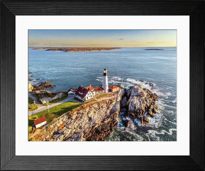 Framed Print : Aerial View of Portland Head Lighthouse, Cape Elizabeth, Sunrise Portland Maine, New England, USA