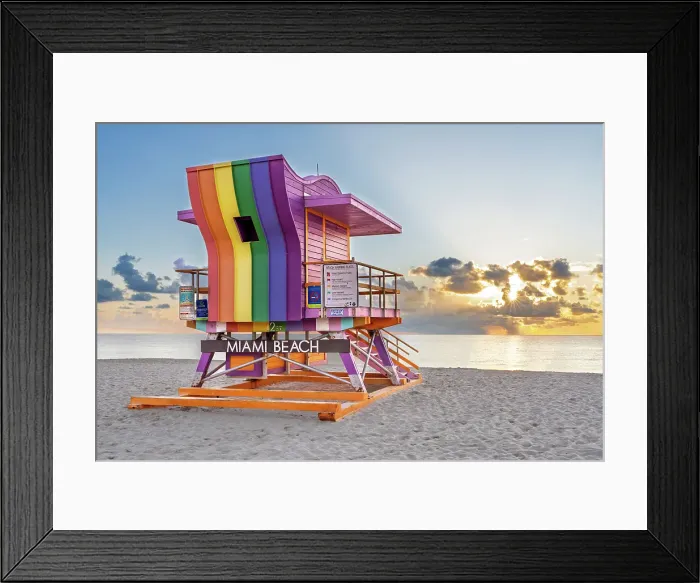 Framed Print : Rainbow colored Pride Lifeguard House, Lifeguard Hut at Sunrise, Ocean Drive Art Deco District South Beach, Miami Beach, Florida, USA Framed Print : Rainbow colored Pride Lifeguard House, Lifeguard Hut at Sunrise, Ocean Drive Art Deco District South Beach, Miami Beach, Florida, USA