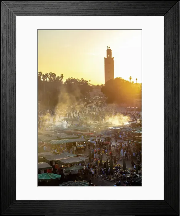 Framed Print : Smoke rising from food stalls at sunset, Koutoubia Minaret in the background, Djemaa el Fna, Marrakech, Morocco Framed Print : Smoke rising from food stalls at sunset, Koutoubia Minaret in the background, Djemaa el Fna, Marrakech, Morocco
