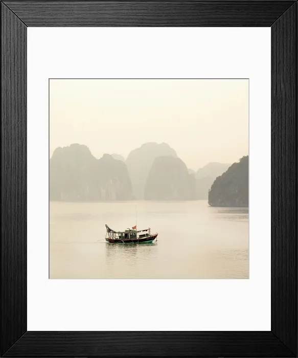 Framed Print : Traditional fishing boat and limestone islands at dawn, Halong Bay, Northeast Vietnam Framed Print : Traditional fishing boat and limestone islands at dawn, Halong Bay, Northeast Vietnam
