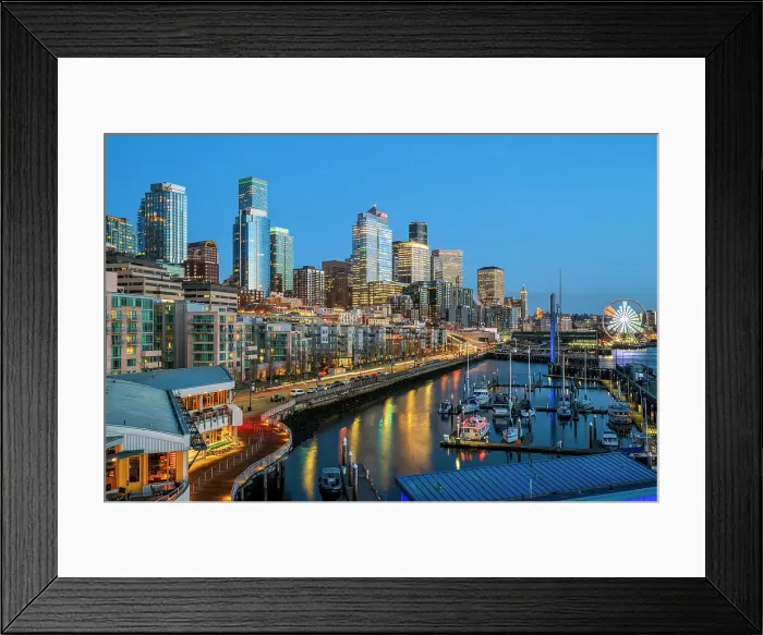 Framed Print : Waterfront and downtown's skyline at dusk, Seattle, Washington, USA Framed Print : Waterfront and downtown's skyline at dusk, Seattle, Washington, USA