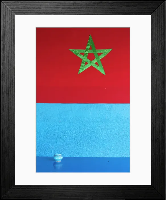 Framed Print : Moroccan flag on a blue wall, Khemlia, Erg Chebbi, near Merzouga, Morocco Framed Print : Moroccan flag on a blue wall, Khemlia, Erg Chebbi, near Merzouga, Morocco