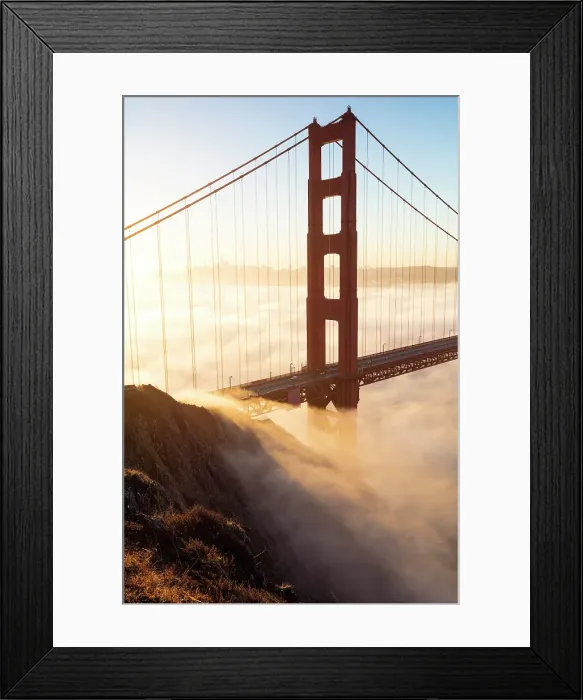 Framed Print : Golden Gate Bridge and fog at sunrise, from Battery Spencer, San Francisco, California, USA