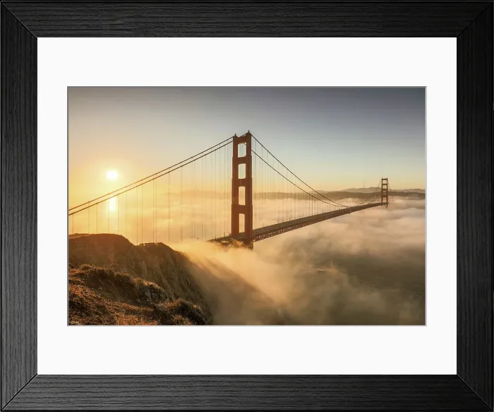 Framed Print : Golden Gate Bridge and fog at sunrise, from Battery Spencer, San Francisco, California, USA Framed Print : Golden Gate Bridge and fog at sunrise, from Battery Spencer, San Francisco, California, USA