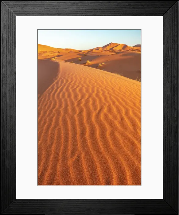 Framed Print : Orange sand dunes at sunset, Erg Chebbi, Sahara Desert, near Merzouga, Morocco