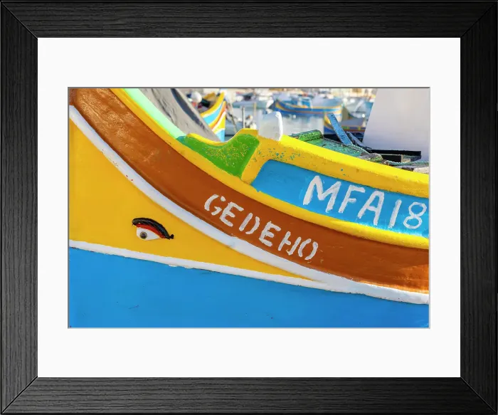 Framed Print : A Colourful Luzzu with the Eye of Osiris in Marsaxlokk Harbour, Marsaxlokk, Malta, Southern Europe Framed Print : A Colourful Luzzu with the Eye of Osiris in Marsaxlokk Harbour, Marsaxlokk, Malta, Southern Europe