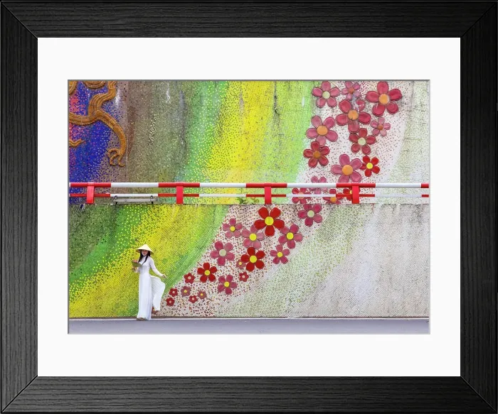 Framed Print : Ceramic flower mosaic mural and woman in traditional Ao Dai dress, Hanoi, Vietnam Framed Print : Ceramic flower mosaic mural and woman in traditional Ao Dai dress, Hanoi, Vietnam