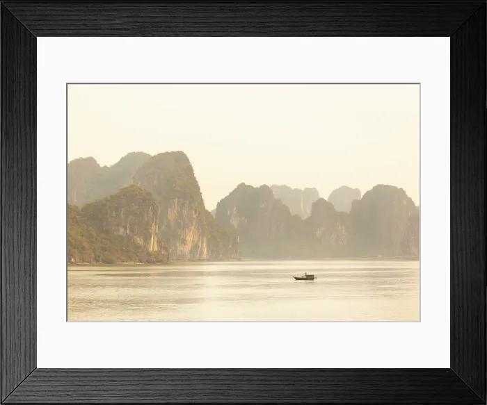 Framed Print : Traditional fishing boat and limestone islands at dawn, Halong Bay, Northeast Vietnam Framed Print : Traditional fishing boat and limestone islands at dawn, Halong Bay, Northeast Vietnam