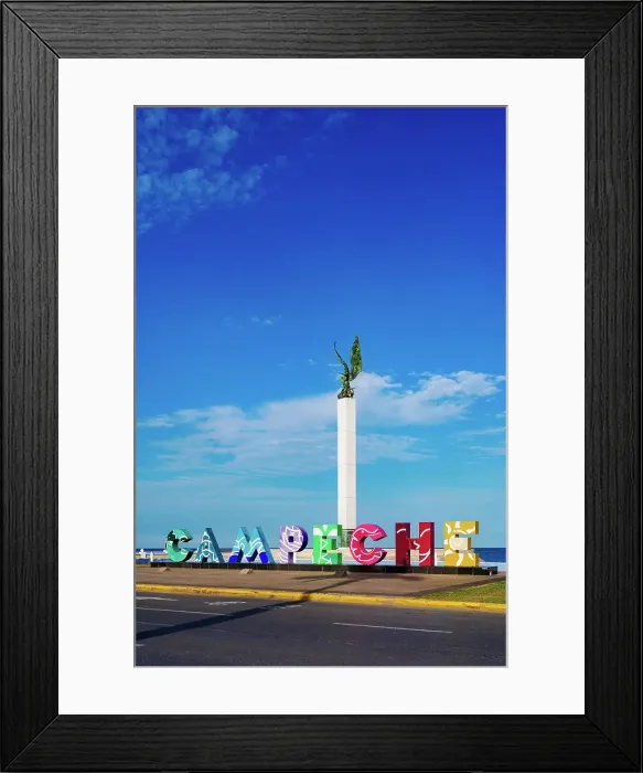 Framed Print : Campeche Letters and The Mayan Angel monument at the Waterfront of Campeche City, Campeche State, Mexico