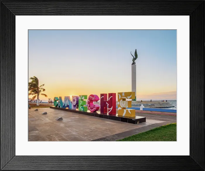 Framed Print : Campeche Letters and The Mayan Angel monument at the Waterfront, sunset, Campeche City, Campeche State, Mexico Framed Print : Campeche Letters and The Mayan Angel monument at the Waterfront, sunset, Campeche City, Campeche State, Mexico