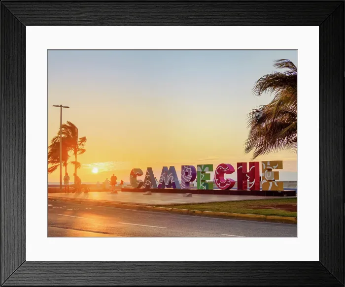 Framed Print : Campeche Letters at sunset, Waterfront of Campeche City, Campeche State, Mexico