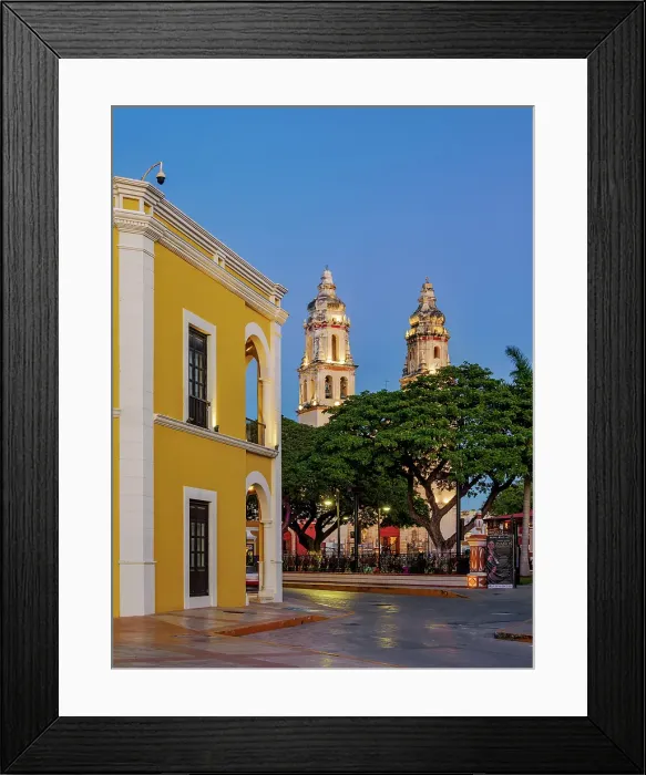 Framed Print : View over the Independence Square towards the Our Lady of the Immaculate Conception Cathedral at dusk, Campeche City, Campeche State, Mexico Framed Print : View over the Independence Square towards the Our Lady of the Immaculate Conception Cathedral at dusk, Campeche City, Campeche State, Mexico
